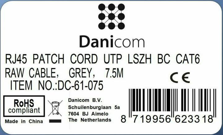 Produktbild Dsit CAT6 Netzwerkkabel, U/UTP, 7,5 Meter, Grau, 100% Kupfer (CAT6, 7.50 m)