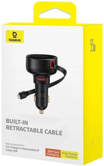 Actual product image Baseus Enjoyment Pro Car Charger U+Retractable iP Cable 55W Cluster - Black