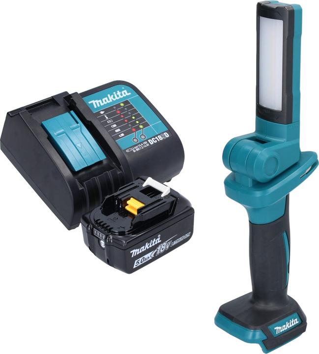 1x Makita DML 816 Akku LED Arbeitsleuchte, 1x Schultergurt mit Haken, 1x Makita BL 1850 B 18 V 5,0 Ah Akku, 1x Makita DC 18 SD Akku Ladegerät