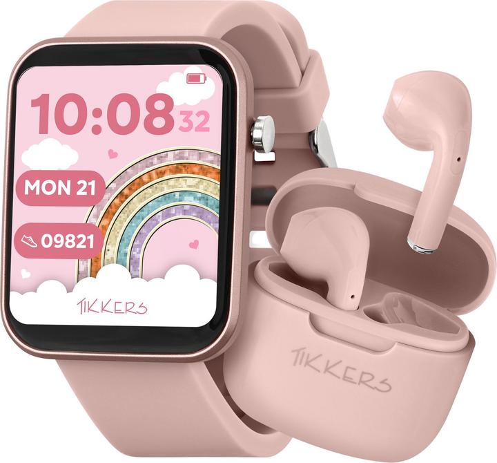 Produktbild Tikkers Smart Series 13 Smartwatch & Ohrhörer Set (Schwarz/Rosa Silikon )
