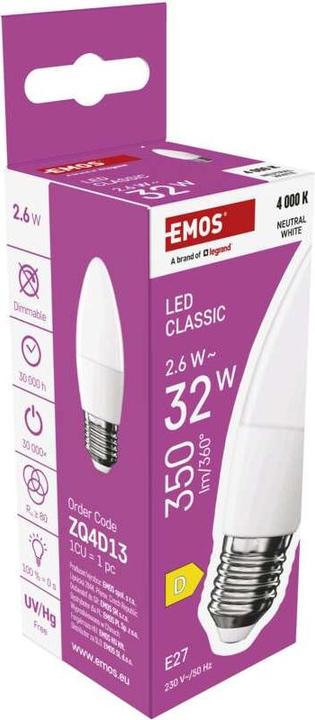Image du produit Emos Lampe LED Classic Candle / E27 / 2,6 W (25 W) / 350 lm / Blanc neutre (E27, 350 lm, 1 x)