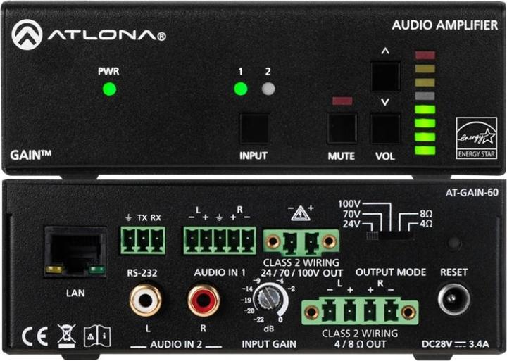 Atlona 60W Amplifier 4/8 Ohm x2 24V/70V/100V x1 Plenum Rated (Amplifier)