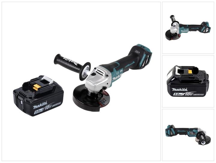 1x Makita DGA 517 cordless angle grinder, 1x Makita 125 mm grinding disc (A-80656), 1x assembly tool, 1x additional handle, 1x protective cover, 1x Makita BL 1850 B 18 V 5.0 Ah battery - without charger