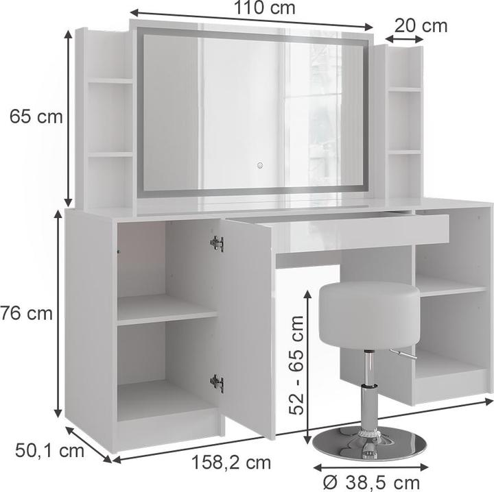 Produktbild Vicco Schminktisch Sherry, Weiss/Weiss Hochglanz, 158.2 cm 8 Teile (50.10 x 50.10 x 76 cm)