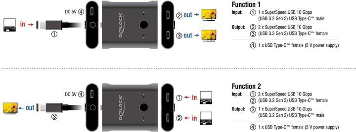 Actual product image Delock USB 10 Gbps USB Type-C Switch 2 to 1 bidirectional 8K (USB-C, 2 ports)