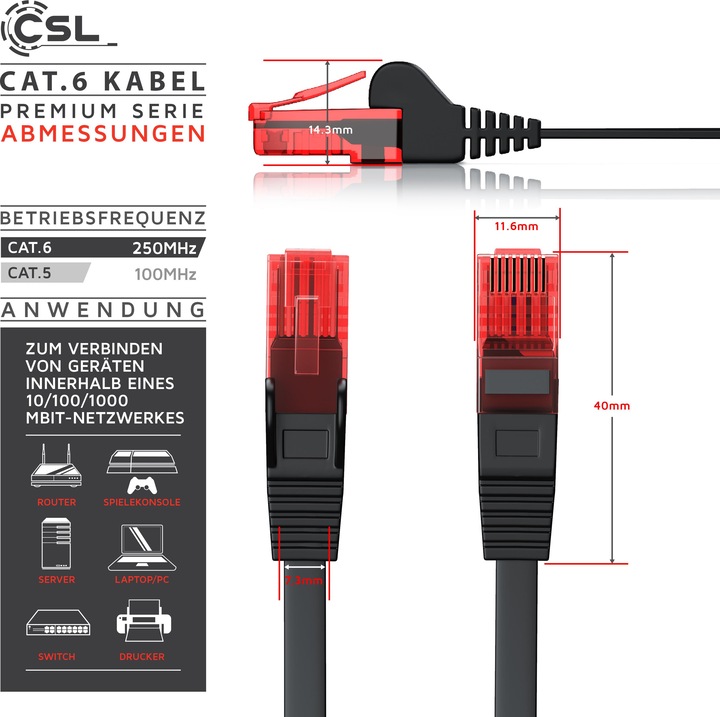 Produktbild CSL CAT.6 Netzwerkkabel flach - Ethernet Gigabit Lan Kabel RJ45 - komp. CAT.5 CAT.6 CAT.7 CAT.8 (UTP, CAT6, 15 m)