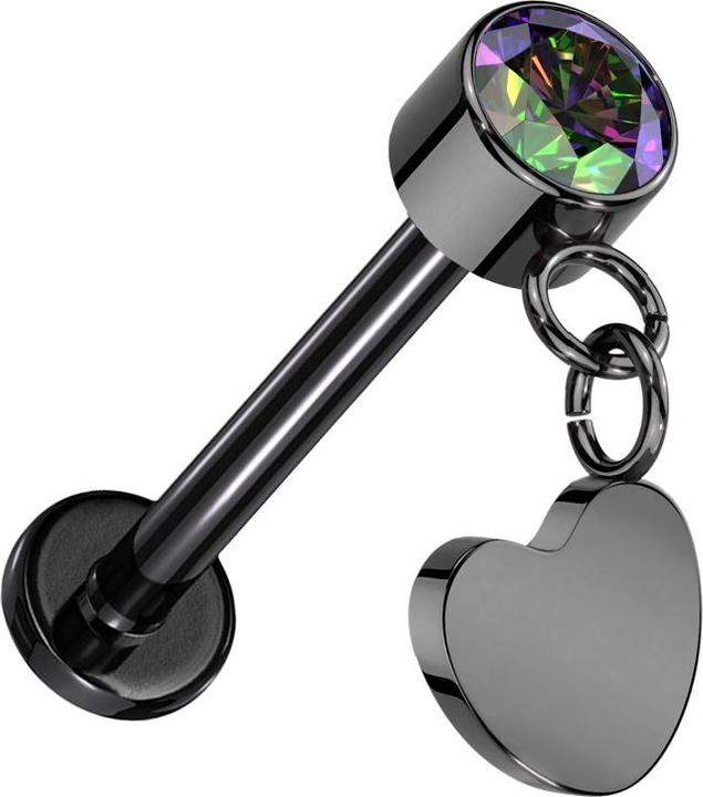 Image du produit Star Piercing Micro Threadless Labret noir cylindre noir cristal foncé multicolore pendentif coeur noir (sans laiton, Titane)