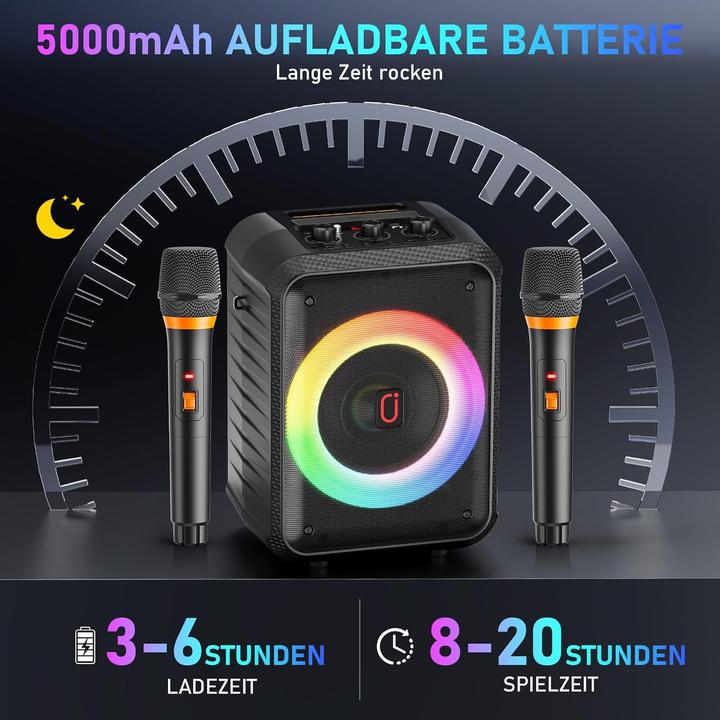 Actual product image HWWR Tragbare Karaoke Maschine D13T mit 2 Mikrofonen (Active, 2x 30 W)