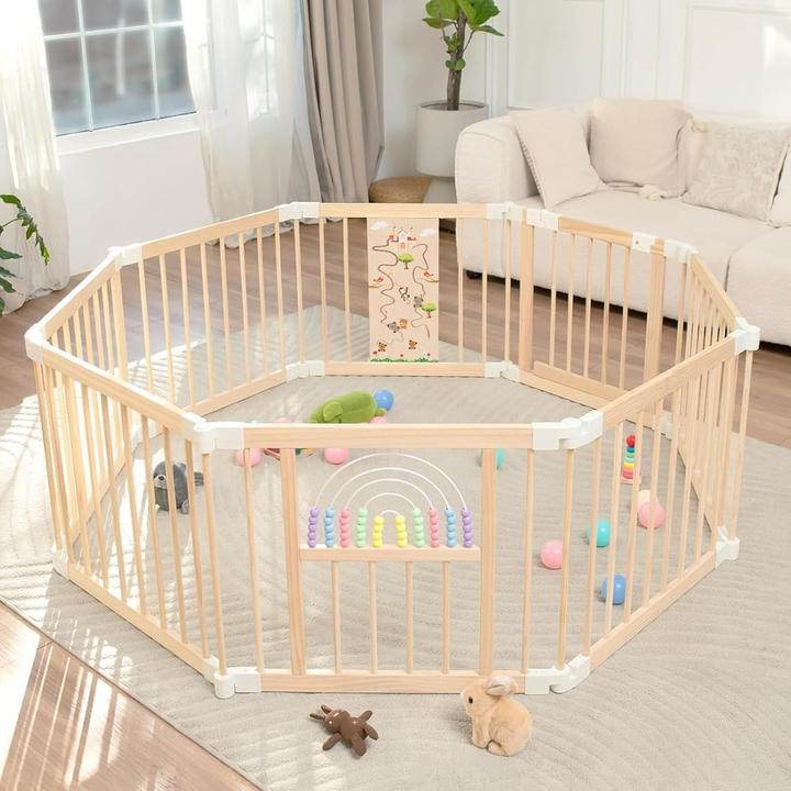 Milkii Laufstall Baby Holz mit Spielcenter, Regenbogen – 146 x 146 x 61 cm