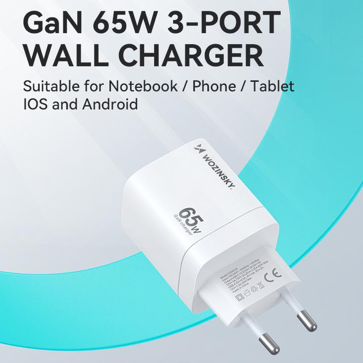 Actual product image Wozinsky CGWCW 65W USB-A / 2 x USB-C GaN wall charger - white (65 W)