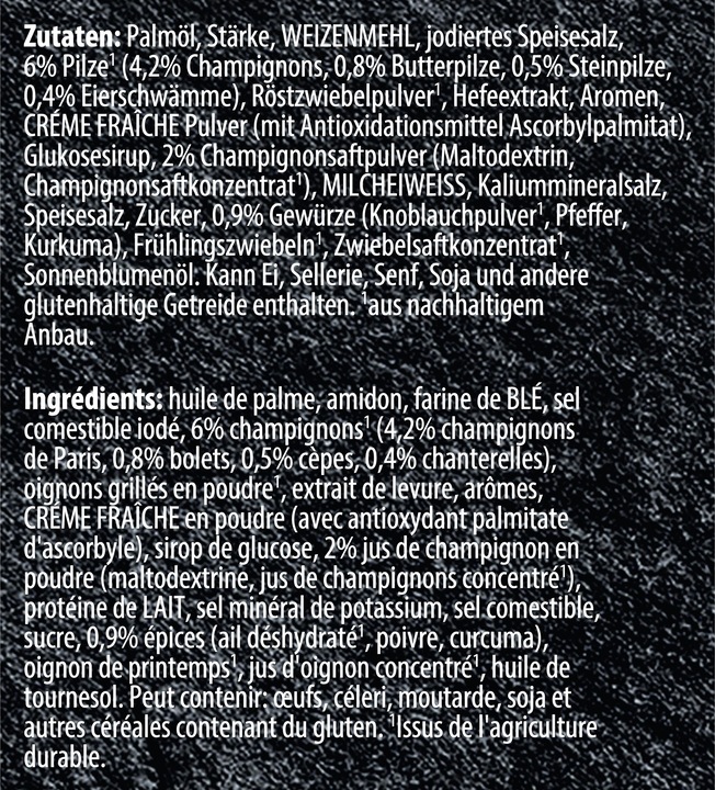 Valeurs nutritives et ingrédients Knorr Suprême Soupe de champignons des bois sachet avec champignons, cèpes, chanterelles & crème fraîche