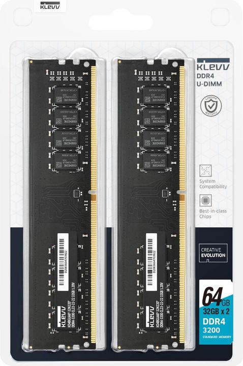 Klevv 64 GB DDR4-RAM PC3200 CL22 2x32GB Kit (2 x 32GB, 3200 MHz, DDR4-RAM, DIMM)