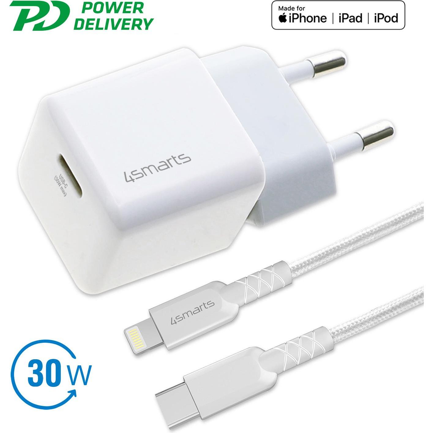 4smarts USB-Wandladegerät VoltPlug Mini PD 30W mit USB-C-Lightning (30 W), USB Ladegerät, Weiss