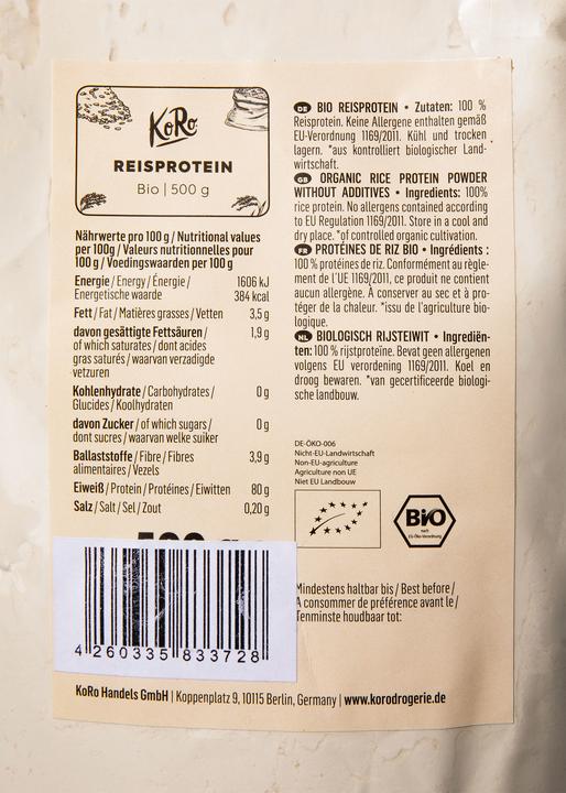 Valeurs nutritives et ingrédients KoRo Isolat de protéines de riz bio (1 pcs, 500 g)