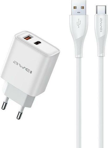 Actual product image Awei ład. siec. PD81T-EU 22.5W + cable USB + USB-C biała/white GaN (22 W, 2 ports)