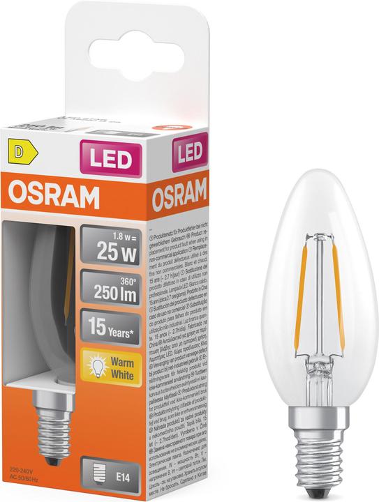 Produktbild Osram LED Leuchtmittel LED Retrofit CLASSIC B 1.8W 827 Clear E14 Warm weiss 4099854466779 (E14, 250 lm, 6x)