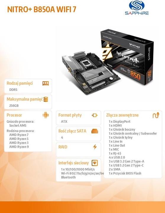 Productafbeelding Sapphire NITRO+ B850A WIFI7 1xHDMI 1.4 1xDP 1.2 (AM5, AMD B850, ATX)