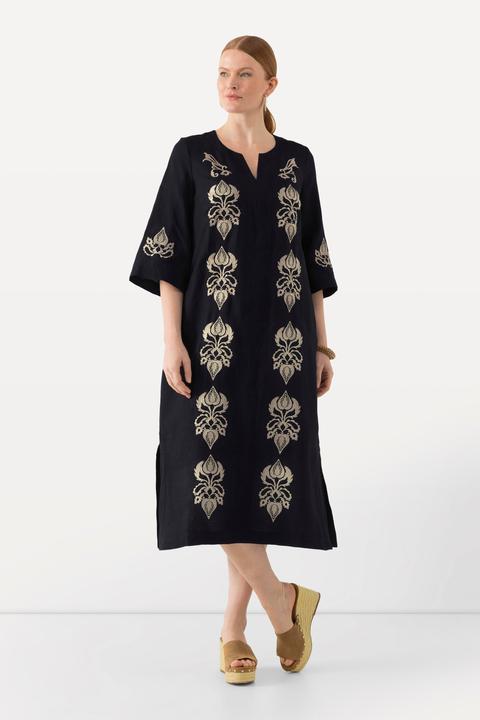 Produktbild Ulla Popken Leinen-Maxikleid, Stickerei, Tunika-Ausschnitt, 3/4-Arm (48)