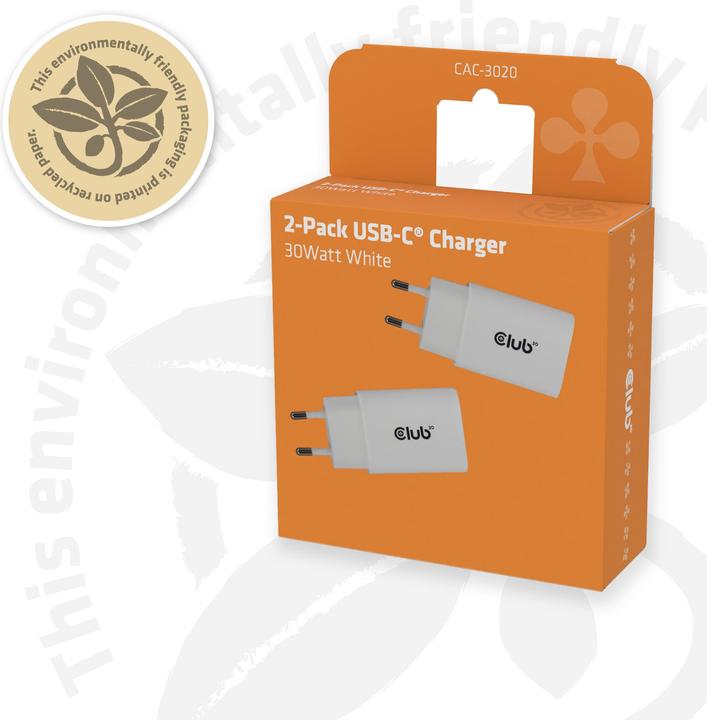 Produktbild Club 3D Club3D Lifestyle Ladegerät USB-C 30Watt, 2Stk weiss retail (30 W, 1 Port)