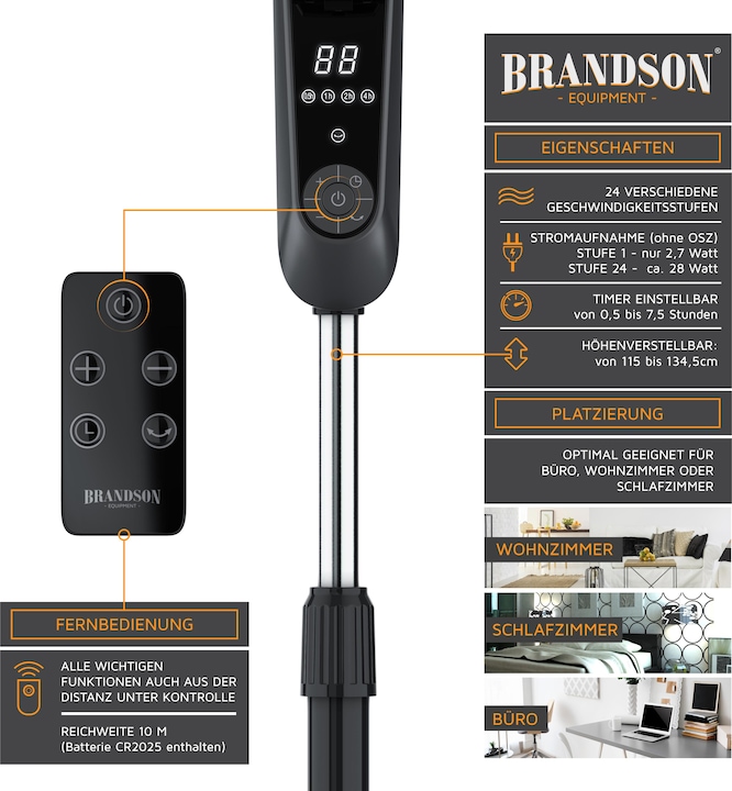 Immagine prodotto Brandson Ventilatore da piedistallo 45,5 cm, DC, silenzioso, telecomando, risparmio energetico (60 dB)