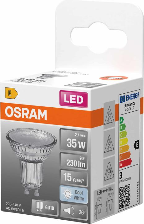 Produktbild Osram LED Leuchtmittel LED STAR PAR16 2.4W 840 GU10 Neutralweiss 4099854458507 (GU10, 2.40 W, 230 lm, 6 x, E)