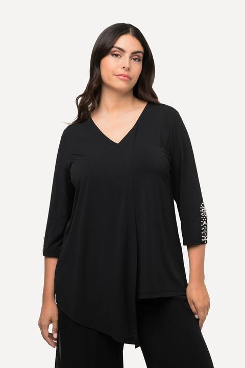 Produktbild Ulla Popken Bluse, Zierfalte, Perlen, A-Linie, V-Ausschnitt, 3/4-Arm (50, 52)