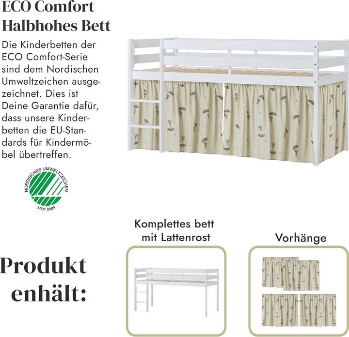 Actual product image Hoppekids ECO Comfort half high bed 90x200 with Green Ole Lukoie curtain, White (90 x 200 cm)