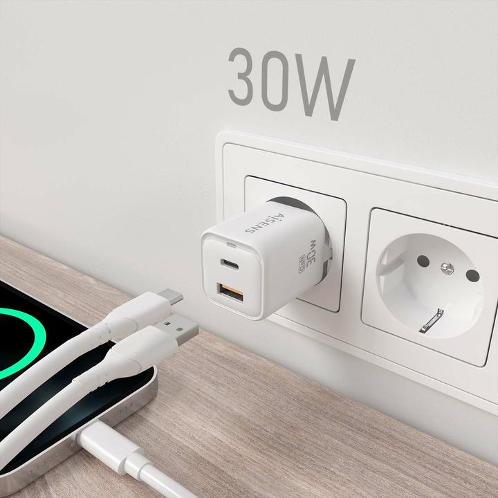 Actual product image Aisens Gan 30W Charger, 1xUSB-C PD3.0 QC4.0, 1xUSB-A QC3.0, White (30 W, 1 portion)