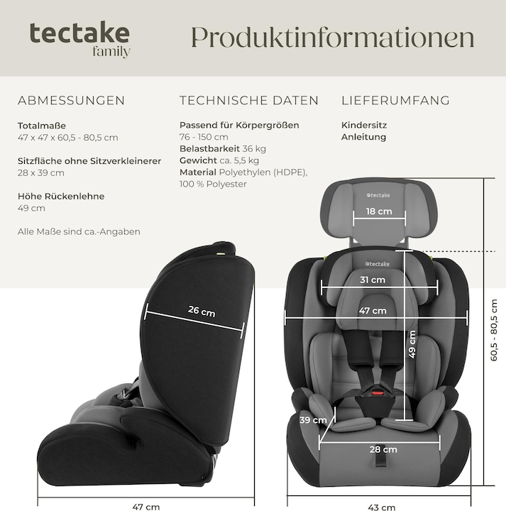 Immagine prodotto tectake Seggiolino auto Sophie con protezione dagli impatti laterali (Seggiolino per bambini, ECE R129/i-Size Standard)