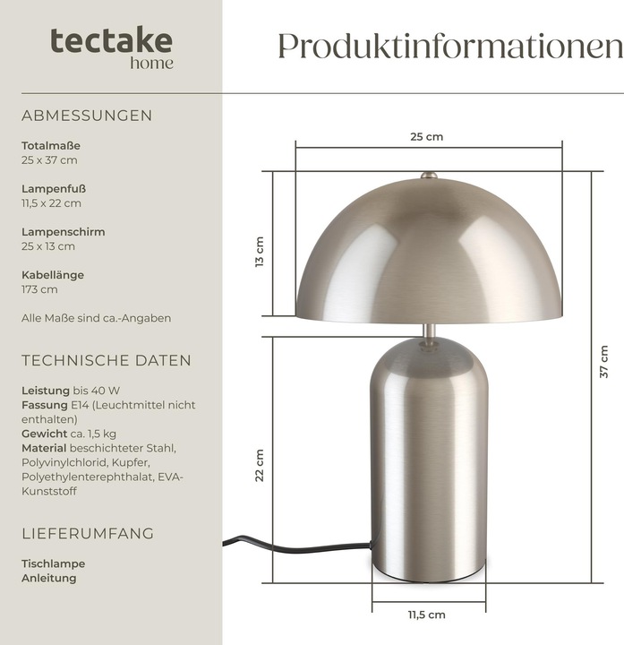 Produktbild tectake Kleine Retro-Tischlampe Altea, Pilzdesign, 40W (E14)