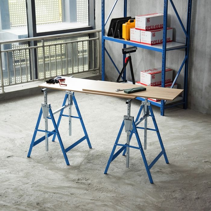 Produktbild Swisshandel24 2 x Gerüstbock Unterstellbock Klappbock höhenverstellbar bis 200kg Stahl Blau 68 x 58 x 80-130 cm (58 cm, 68 cm)