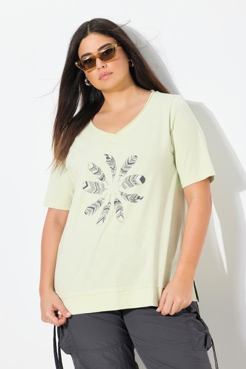 Immagine prodotto Ulla Popken T-shirt con piume, orli non rifiniti, scollo a V e mezze maniche (50, 52)