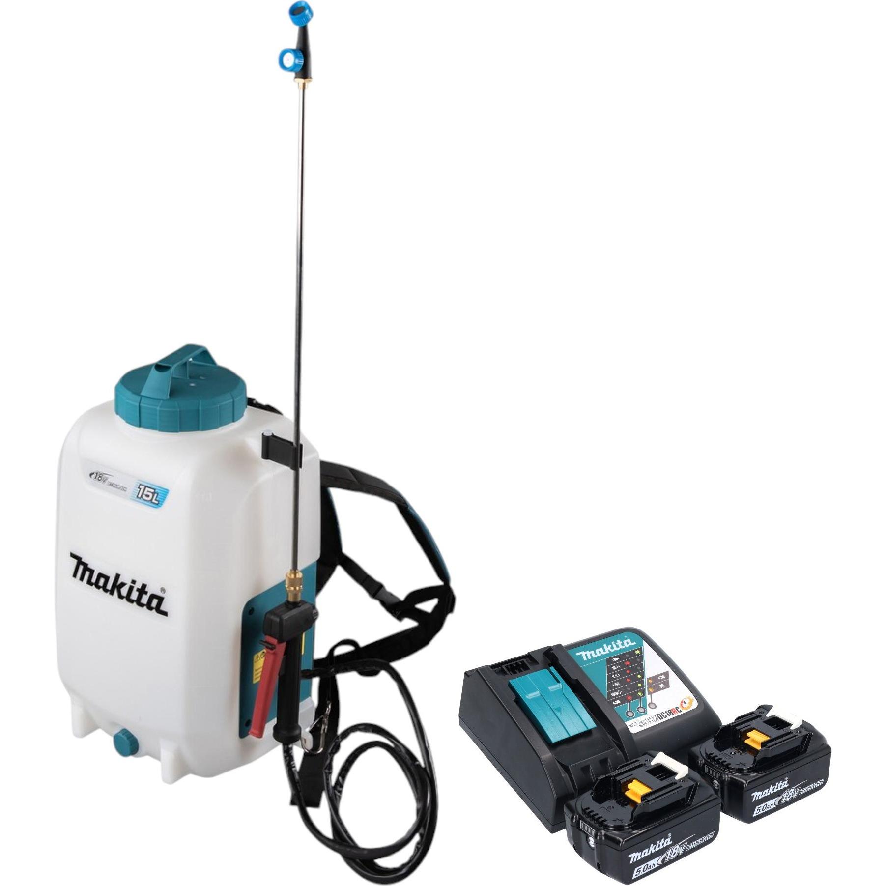 Makita, Sprühflasche, DUS 158 RT2 Akku Druckspritze 18 V 15 l 5,0 bar + 2x Akku 5,0 Ah + Ladegerät (15 l)
