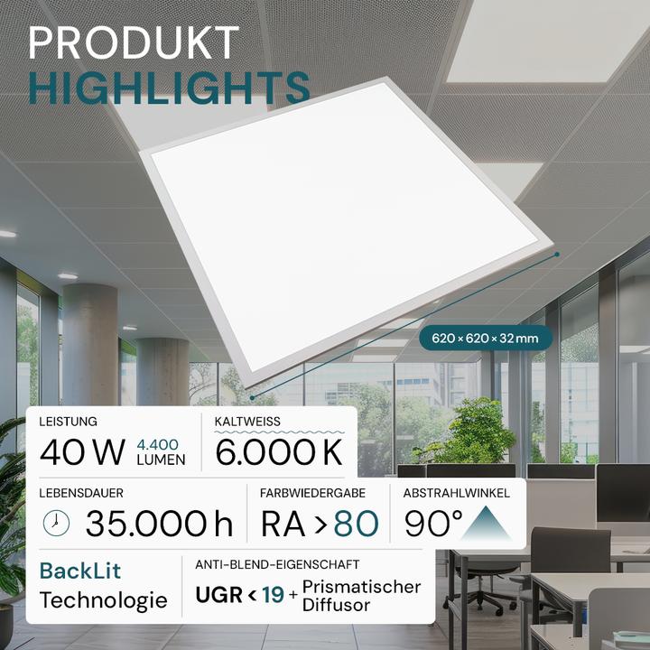 Produktbild Luxula LED BackLit Panel, 62x62, Anti-Blend-Eigenschaft (4400 lm)