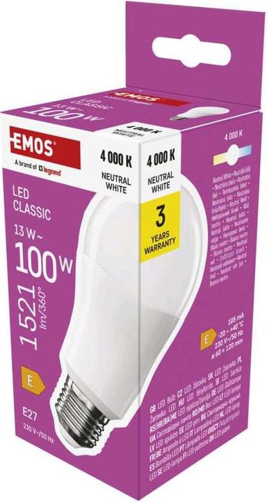 Image du produit Emos Lampe LED Classic A60 / E27 / 13 W (100 W) / 1521 lm / Blanc neutre (E27, 13 W, 1521 lm, 1 x, E)