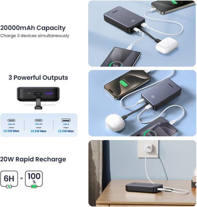 Actual product image Ugreen Power Bank 20000mAh 22.5W with Integrated USB-C Cable Powerbank - 20000 mAh (20000 mAh)