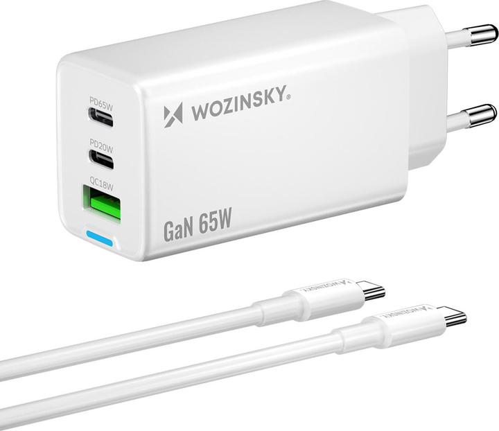 Wozinsky GaN 65W Ladegerät mit 2xUSB-C USB-Anschlüssen mit 65W CC-Kabel - Weiss (65 W)