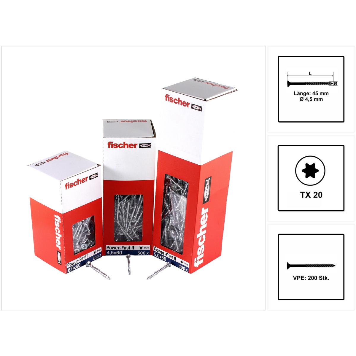 Fischer, Schrauben, Power-Fast II FPF II Spanplattenschraube 4,5x45 mm 200 Stück ( 670270 ) Senkkopf mit Torx Te (200 Sc...