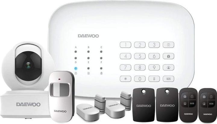 Daewoo Drahtloses WLAN-GSM-Hausalarm-Set mit Innenkamera, Alexa- und Google-Assistent-Kompatibilität