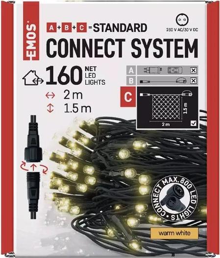 Emos Guirlande/réseau LED, 30 VDC, 2 x 1.5 m, 160 x LED, blanc chaud, connectable, sans source (2 m)