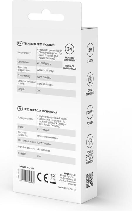Actual product image Savio Cable USB USB-C - USB-C 2 m Black (1 811565) (2 m, USB 2.0, 100 W)
