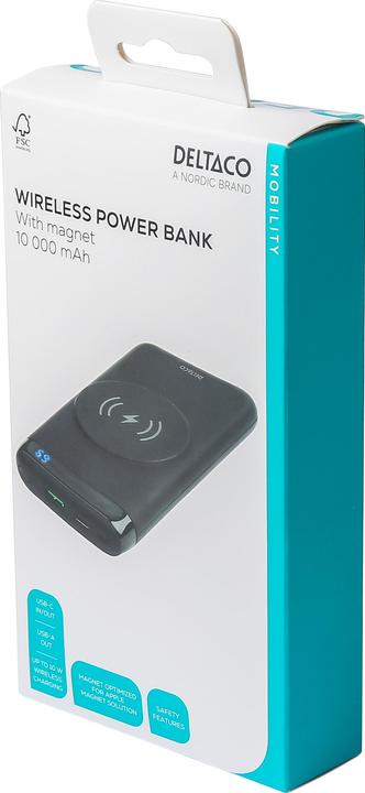 Actual product image Deltaco Powerbank 10,000 mAh, Magnetic, Wireless, 1x USB-A, 1x USB-C - Black (10000 mAh, 18 W, 37 Wh)