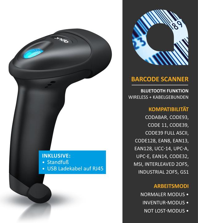 Produktbild Aplic Bluetooth Barcode Scanner 2D 1D, 2,4 GHz Wireless Handscanner, Barcodescanner kabellos mit Standfuss (1D-Barcodes, 2D-Barcodes)