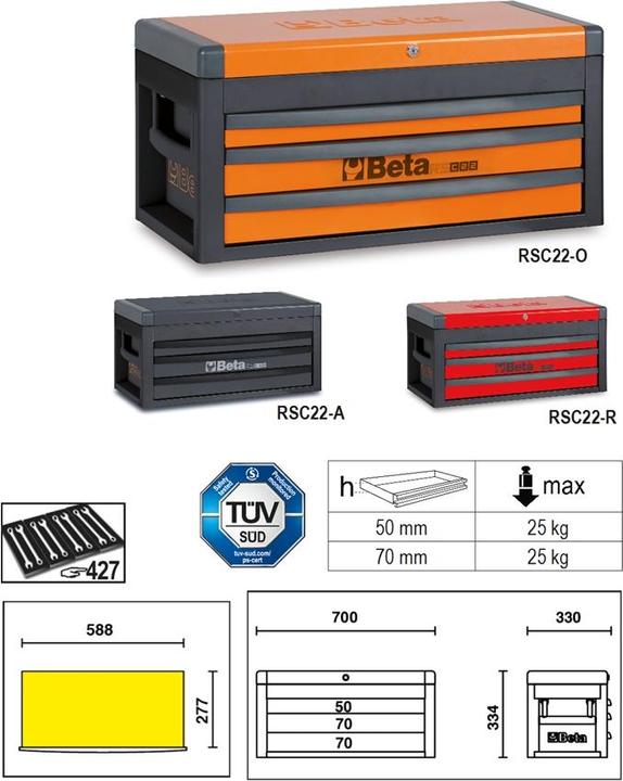 Produktbild BETA 022003003 Rsc22-R Werkzeugkasten mit 3 Schubladen