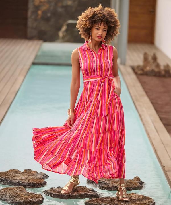 Actual product image Joe Browns Petite Striped Sleeveless Button Through Maxi Shirt Dress (44)