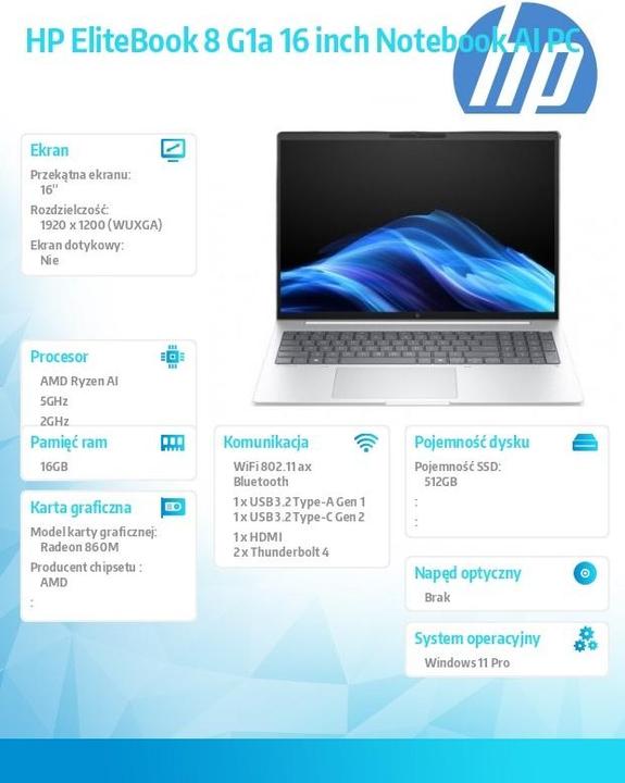 Actual product image HP EliteBook 8 G1a 16 inch Notebook Next Gen AI PC (16", 512 GB, 16 GB, Numeric keypad)