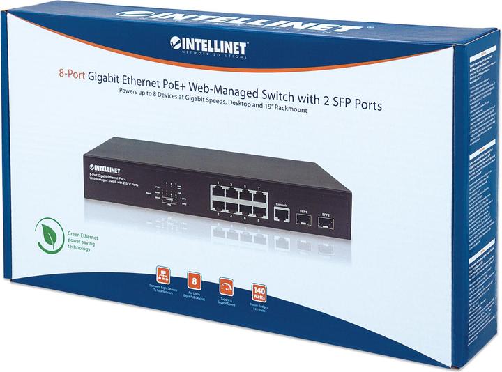 Actual product image Intellinet 8Port Gigabit Ethernet WebManaged PoE Switch SFPPorts Endspan Desktop 19 Rackmount (8 Ports)