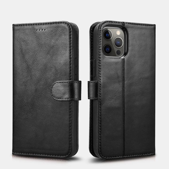 Produktbild iCarer iPhone 12 Pro Max - Crazy Horse Echtleder Wallet-Etui, 2in1 mit RFID-Schutz, schwarz (Apple iPhone 12 Pro Max)