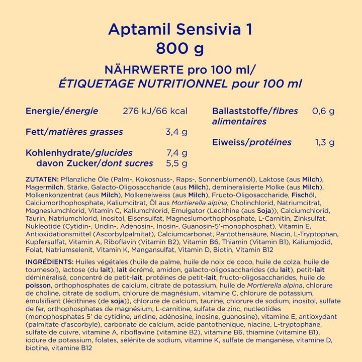 Nutritional values and ingredients Aptamil Sensivia 1 (800 g, from birth)
