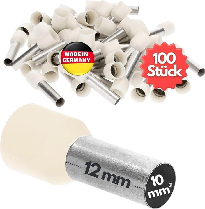 Kalitec 100 Stück AE1012EB Aderendhülsen isoliert 10,0mm² 12mm lang elfenbein I Made in Germany I In